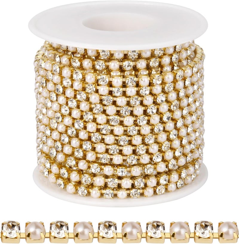 Ucevi 10 Yards Gold Pearl Rhinestone Trim Chain for Craft, 4MM Rhinestone Pearl Beaded Cup Chain Trim by Yard for Sewing DIY Crafts Jewelry Making Decoration - Image 1